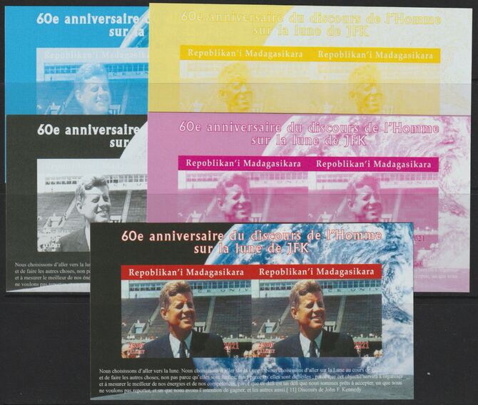 Madagascar 2021 60th Anniversary of Pres Kennedy;s Man on the Moon Speech #1 imperf sheetlet containing 2 values - the set of 5 imperf progressive proofs comprising the 4 individual colours plus all 4-colour composite, unmounted mint, stamps on personalities, stamps on us presidents, stamps on kennedy, stamps on space, stamps on apollo, stamps on americana, stamps on 