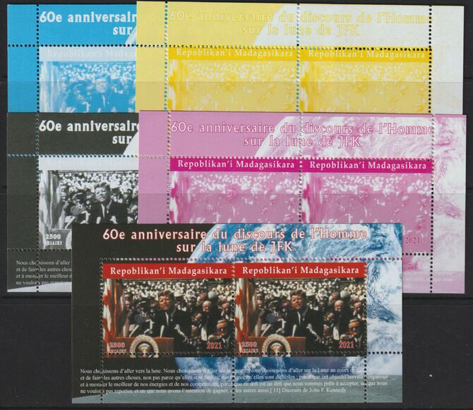 Madagascar 2021 60th Anniversary of Pres Kennedy;s Man on the Moon Speech #2 perf sheetlet containing 2 values - the set of 5 perf progressive proofs comprising the 4 individual colours plus all 4-colour composite, unmounted mint, stamps on , stamps on  stamps on personalities, stamps on  stamps on us presidents, stamps on  stamps on kennedy, stamps on  stamps on space, stamps on  stamps on apollo, stamps on  stamps on americana, stamps on  stamps on 