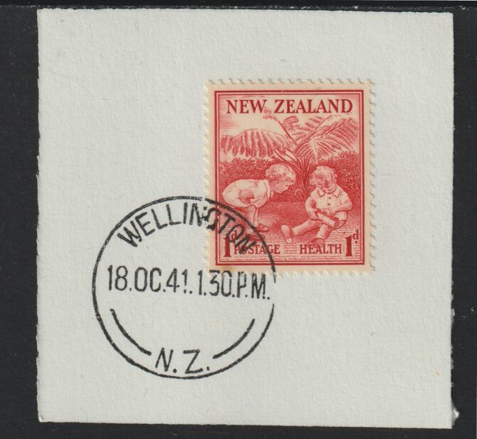 New Zealand 1938 Health - Children 1d+1d (SG 610) on piece with full strike of Madame Joseph forged postmark type 287, stamps on children, stamps on  kg6 , stamps on forgery