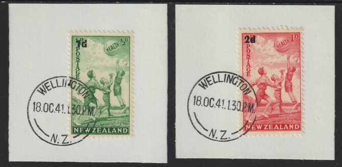 New Zealand 1939 Health - Children Playing with Beach Ball set of 2 (SG 611-12) on individual pieces each with full strike of Madame Joseph forged postmark type 287, stamps on , stamps on  stamps on children, stamps on  stamps on  kg6 , stamps on  stamps on forgery