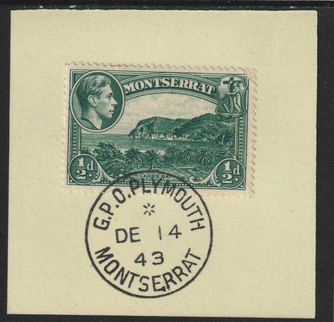 Montserrat 1938 KG6 Pictorial 1/2d blue-green on piece with full strike of Madame Joseph forged postmark type 263, stamps on , stamps on  kg6 , stamps on forgery