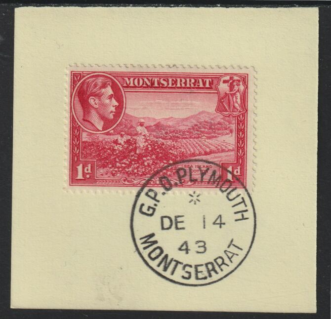 Montserrat 1938 KG6 Pictorial 1d carmine on piece with full strike of Madame Joseph forged postmark type 263, stamps on , stamps on  kg6 , stamps on forgery