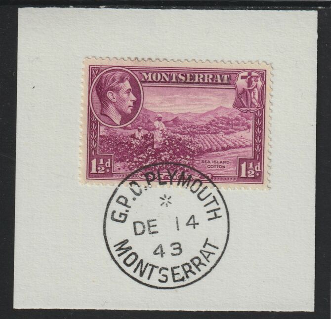 Montserrat 1938 KG6 Pictorial 1.5d purple on piece with full strike of Madame Joseph forged postmark type 263, stamps on , stamps on  kg6 , stamps on forgery