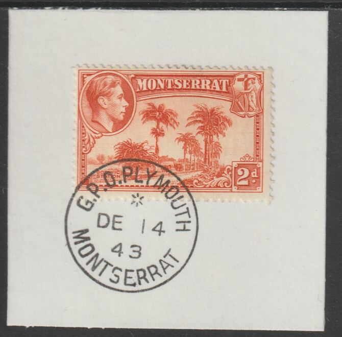 Montserrat 1938 KG6 Pictorial 2d orange on piece with full strike of Madame Joseph forged postmark type 263, stamps on , stamps on  kg6 , stamps on forgery