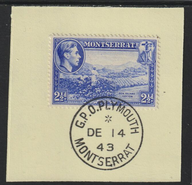 Montserrat 1938 KG6 Pictorial 2.5d ultramarine on piece with full strike of Madame Joseph forged postmark type 263, stamps on , stamps on  kg6 , stamps on forgery