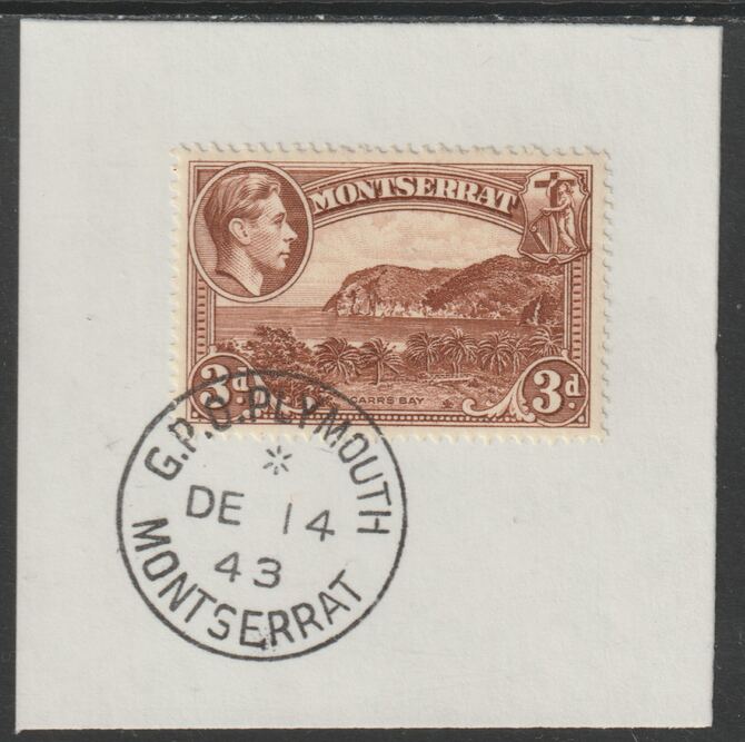 Montserrat 1938 KG6 Pictorial 3d brown on piece with full strike of Madame Joseph forged postmark type 263, stamps on , stamps on  kg6 , stamps on forgery
