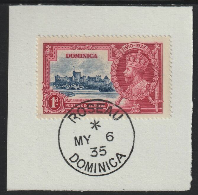 Dominica 1935 KG5 Silver Jubilee 1d (SG 92) on piece with full strike of Madame Joseph forged postmark type 141 (First day of issue), stamps on , stamps on  kg5 , stamps on silver jubilee, stamps on castles , stamps on forgery