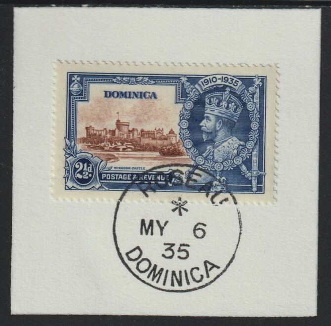 Dominica 1935 KG5 Silver Jubilee 2.5d (SG 94) on piece with full strike of Madame Joseph forged postmark type 141 (First day of issue), stamps on , stamps on  kg5 , stamps on silver jubilee, stamps on castles , stamps on forgery