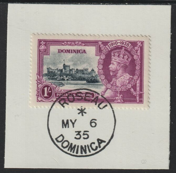 Dominica 1935 KG5 Silver Jubilee 1s (SG 95) on piece with full strike of Madame Joseph forged postmark type 141 (First day of issue), stamps on , stamps on  kg5 , stamps on silver jubilee, stamps on castles , stamps on forgery