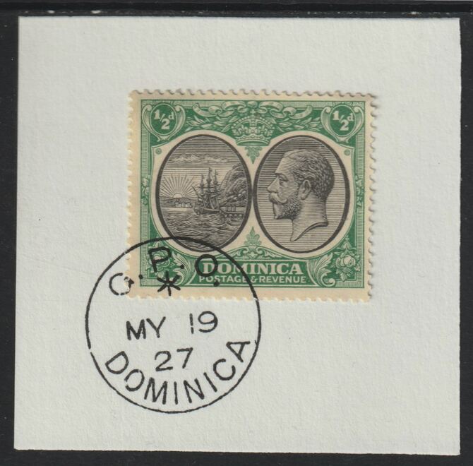 Dominica 1923-33KG5 Badge of Colony 1/2d black & green on piece with full strike of Madame Joseph forged postmark type 139, stamps on , stamps on  kg5 , stamps on forgery