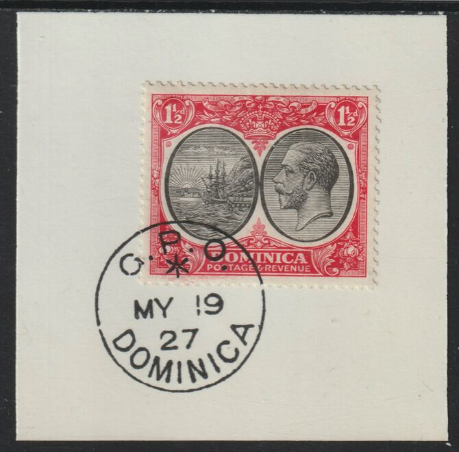 Dominica 1923-33KG5 Badge of Colony 1.5d black & scarlet on piece with full strike of Madame Joseph forged postmark type 139, stamps on , stamps on  kg5 , stamps on forgery