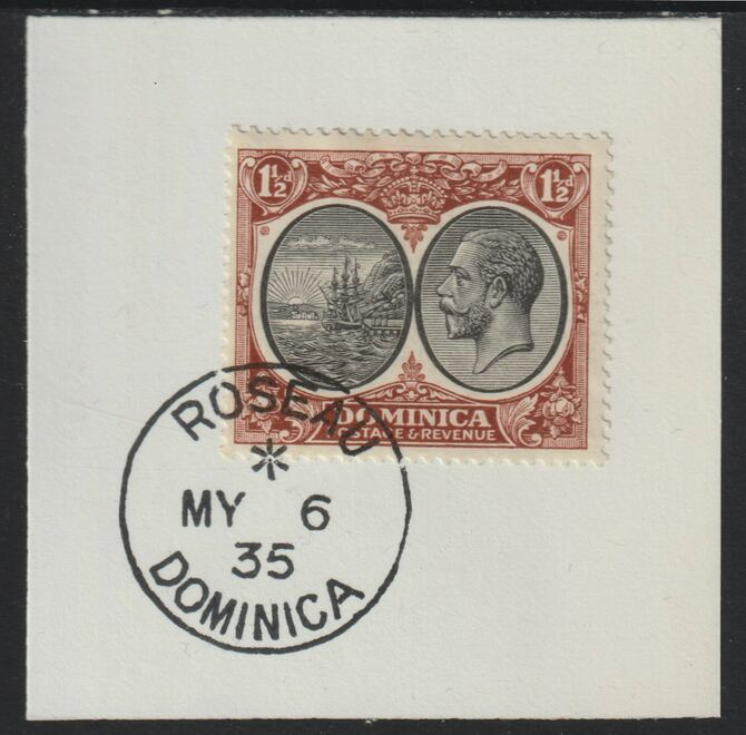 Dominica 1923-33KG5 Badge of Colony 1.5d black & red-brown on piece with full strike of Madame Joseph forged postmark type 141, stamps on , stamps on  kg5 , stamps on forgery