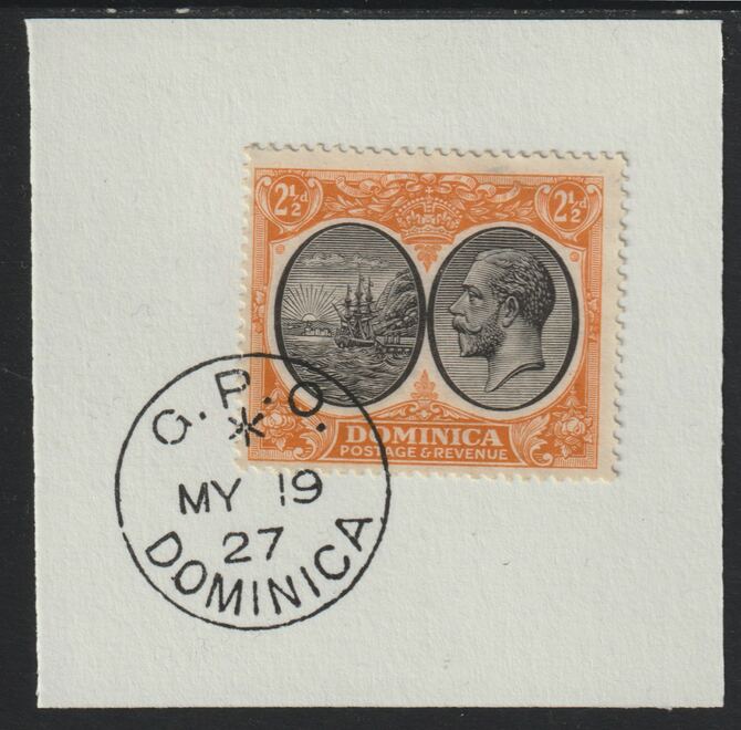 Dominica 1923-33KG5 Badge of Colony 2.5d black & orange on piece with full strike of Madame Joseph forged postmark type 139, stamps on , stamps on  stamps on , stamps on  stamps on  kg5 , stamps on  stamps on forgery