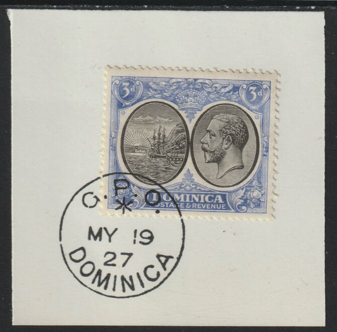 Dominica 1923-33KG5 Badge of Colony 3d black & ultramarine on piece with full strike of Madame Joseph forged postmark type 139, stamps on , stamps on  stamps on , stamps on  stamps on  kg5 , stamps on  stamps on forgery