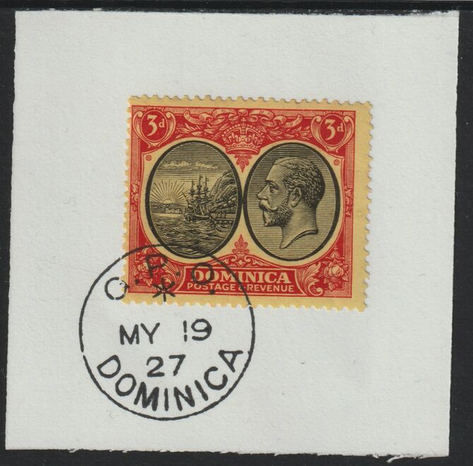 Dominica 1923-33KG5 Badge of Colony 3d black & red/yellow on piece with full strike of Madame Joseph forged postmark type 139, stamps on , stamps on  stamps on , stamps on  stamps on  kg5 , stamps on  stamps on forgery