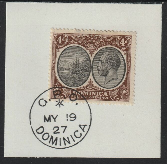 Dominica 1923-33KG5 Badge of Colony 4d black & brown on piece with full strike of Madame Joseph forged postmark type 139, stamps on , stamps on  kg5 , stamps on forgery