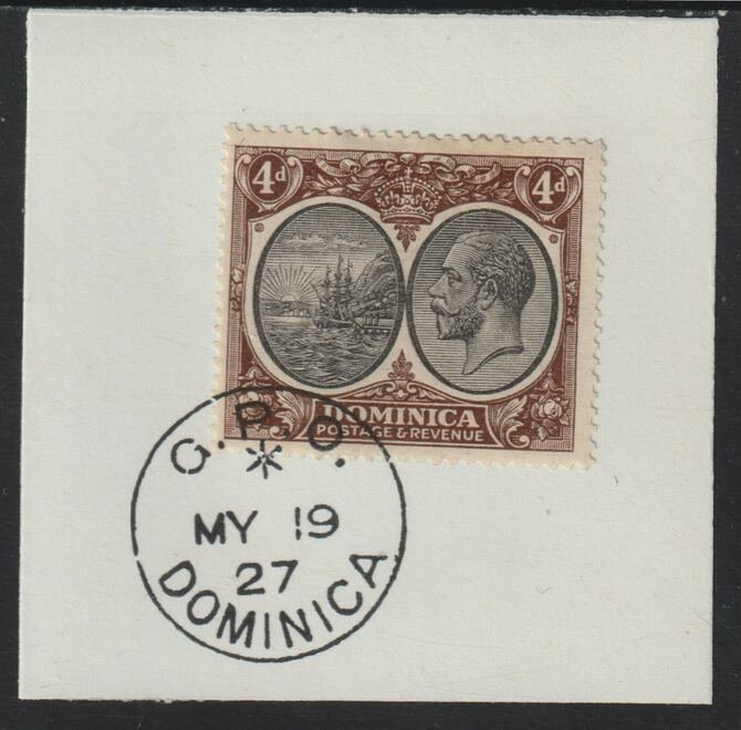 Dominica 1923-33KG5 Badge of Colony 4d black & brown on piece with full strike of Madame Joseph forged postmark type 139, stamps on , stamps on  stamps on , stamps on  stamps on  kg5 , stamps on  stamps on forgery