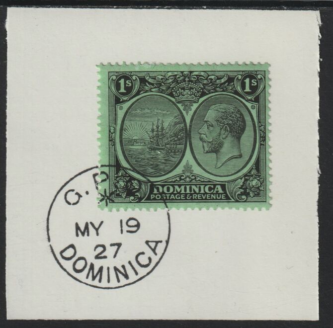 Dominica 1923-33KG5 Badge of Colony 1s black/emerald on piece with full strike of Madame Joseph forged postmark type 139, stamps on , stamps on  stamps on , stamps on  stamps on  kg5 , stamps on  stamps on forgery