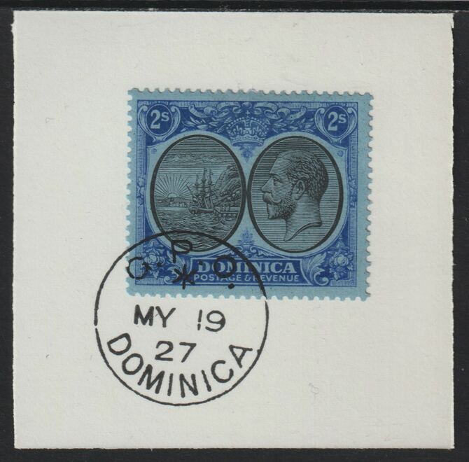 Dominica 1923-33KG5 Badge of Colony 2s black & blue on blue on piece with full strike of Madame Joseph forged postmark type 139, stamps on , stamps on  kg5 , stamps on forgery