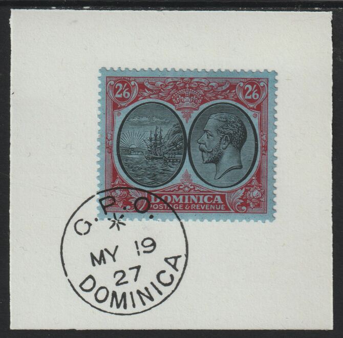Dominica 1923-33KG5 Badge of Colony 2s6d black & red on blue on piece with full strike of Madame Joseph forged postmark type 139, stamps on , stamps on  stamps on , stamps on  stamps on  kg5 , stamps on  stamps on forgery