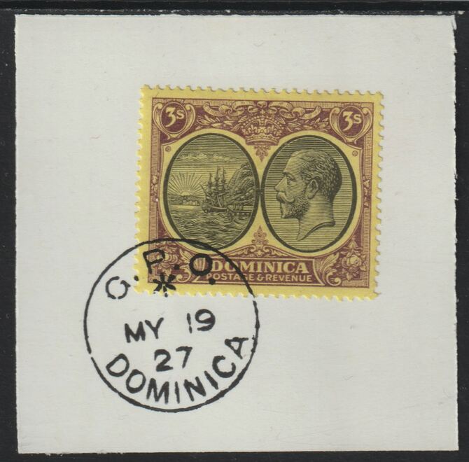 Dominica 1923-33KG5 Badge of Colony 3s black & purple on yellow on piece with full strike of Madame Joseph forged postmark type 139, stamps on , stamps on  stamps on , stamps on  stamps on  kg5 , stamps on  stamps on forgery