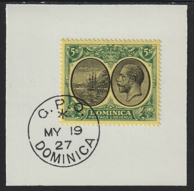 Dominica 1923-33KG5 Badge of Colony 5s black & green on yellow on piece with full strike of Madame Joseph forged postmark type 139, stamps on , stamps on  stamps on , stamps on  stamps on  kg5 , stamps on  stamps on forgery
