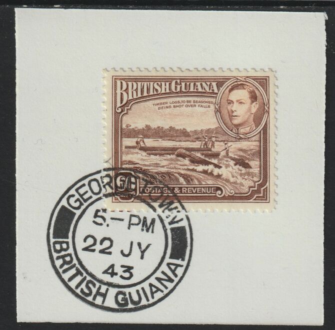 British Guiana 1938 KG6 Pictorial  60c Shooting Logs (SG315) on piece with full strike of Madame Joseph forged postmark type 72, stamps on , stamps on  kg6 , stamps on forgeries, stamps on trees