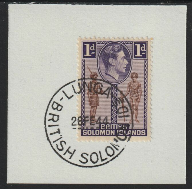 Solomon Islands 1939 KG6 Pictorial 1d on piece cancelled with full strike of Madame Joseph forged postmark type 97, stamps on , stamps on  kg6 , stamps on forgeries