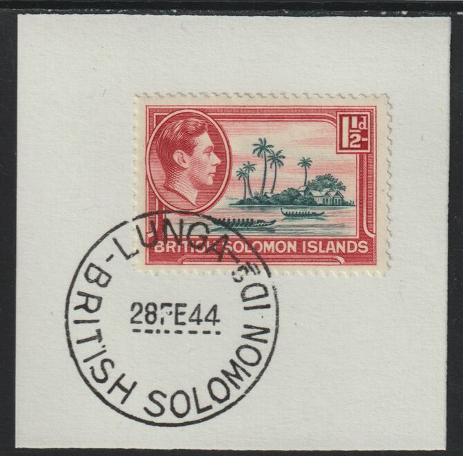 Solomon Islands 1939 KG6 Pictorial 1.5d on piece cancelled with full strike of Madame Joseph forged postmark type 97, stamps on , stamps on  kg6 , stamps on forgeries