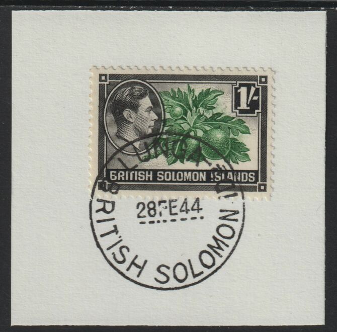 Solomon Islands 1939 KG6 Pictorial 1s on piece cancelled with full strike of Madame Joseph forged postmark type 97, stamps on , stamps on  kg6 , stamps on forgeries