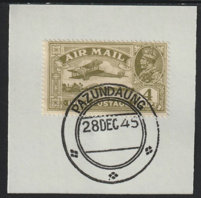 India Used in Burma 1929 Air 4a olive-green on piece with full strike of Madame Joseph forged postmark type 106, stamps on , stamps on  stamps on , stamps on  stamps on  kg5 , stamps on  stamps on forgery, stamps on  stamps on aviation