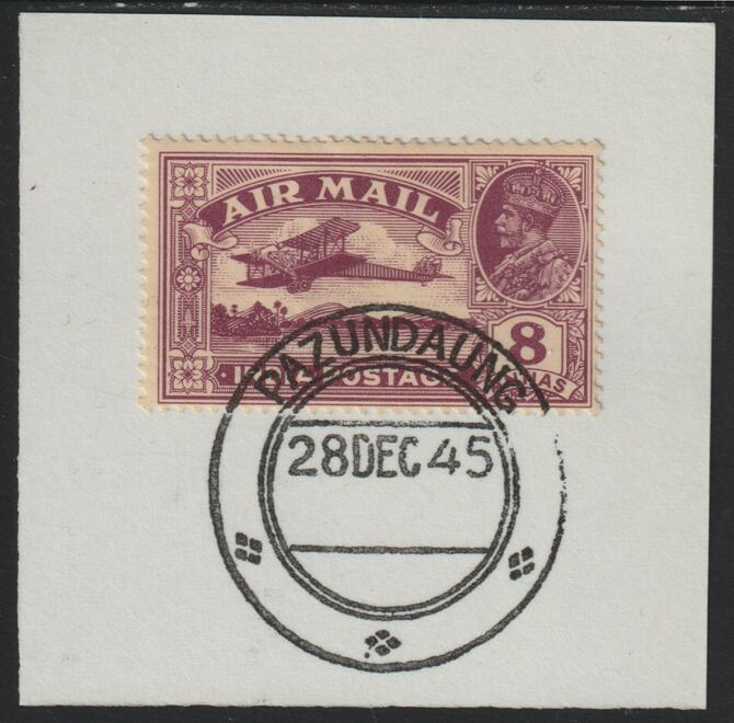 India Used in Burma 1929 Air 8a purple on piece with full strike of Madame Joseph forged postmark type 106, stamps on , stamps on  kg5 , stamps on forgery, stamps on aviation