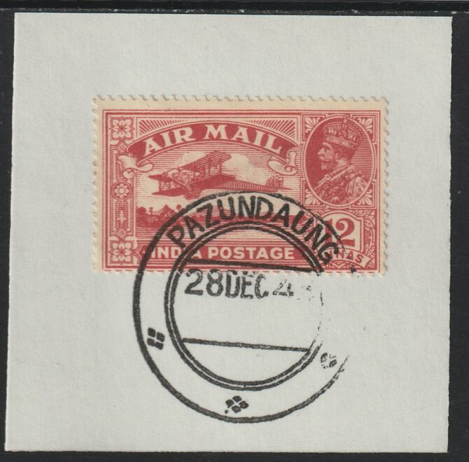 India Used in Burma 1929 Air 12a rose-red on piece with full strike of Madame Joseph forged postmark type 106, stamps on , stamps on  stamps on , stamps on  stamps on  kg5 , stamps on  stamps on forgery, stamps on  stamps on aviation