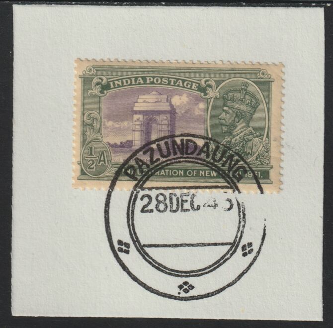 India Used in Burma 1931 New Delhi 1/2a on piece with full strike of Madame Joseph forged postmark type 106, stamps on , stamps on  stamps on , stamps on  stamps on  kg5 , stamps on  stamps on forgery, stamps on  stamps on 