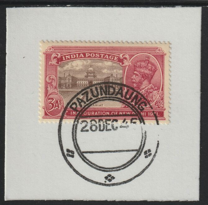 India Used in Burma 1931 New Delhi 3a on piece with full strike of Madame Joseph forged postmark type 106, stamps on , stamps on  stamps on , stamps on  stamps on  kg5 , stamps on  stamps on forgery, stamps on  stamps on 