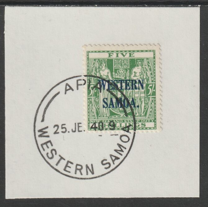 Samoa 1935 Arms 5s green on piece cancelled with full strike of Madame Joseph forged postmark type 376, stamps on , stamps on  kg5 , stamps on forgeries, stamps on  