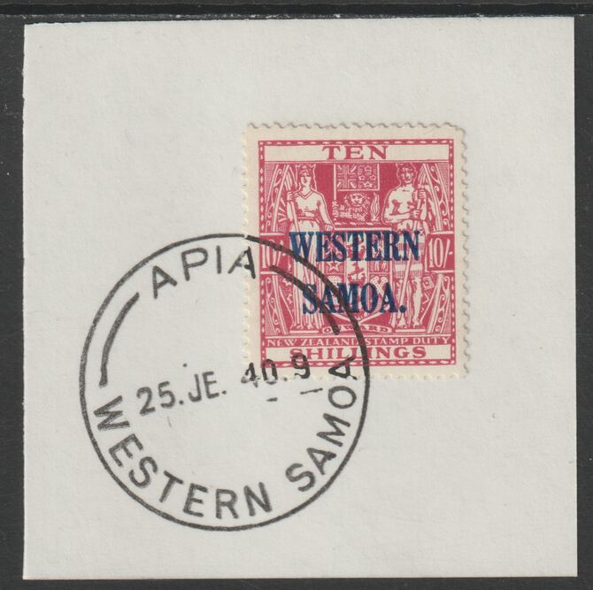 Samoa 1935 Arms 10s carmine-lake on piece cancelled with full strike of Madame Joseph forged postmark type 376, stamps on , stamps on  stamps on , stamps on  stamps on  kg5 , stamps on  stamps on forgeries, stamps on  stamps on  