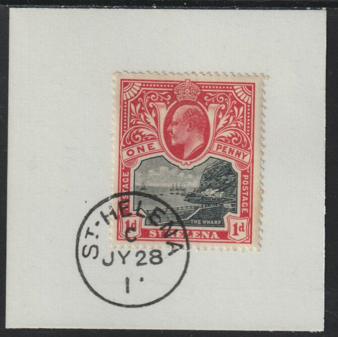St Helena 1903 KE7 Pictorial 1d on piece with full strike of Madame Joseph forged postmark type 338, stamps on , stamps on  ke7 , stamps on  forgeries, stamps on 