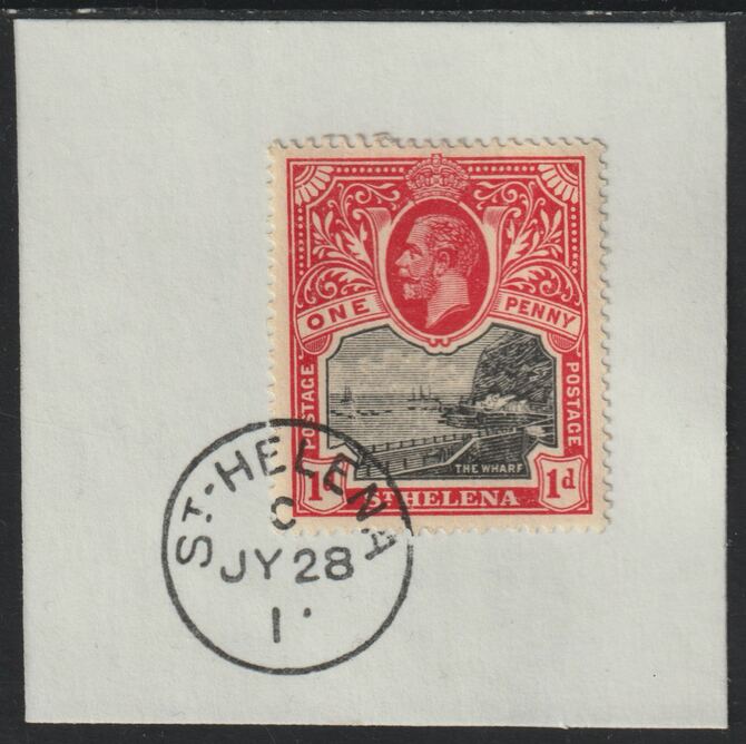 St Helena 1912 KG5 Pictorial 1d on piece with full strike of Madame Joseph forged postmark type 338, stamps on , stamps on  stamps on , stamps on  stamps on  kg5 , stamps on  stamps on  forgeries, stamps on  stamps on 