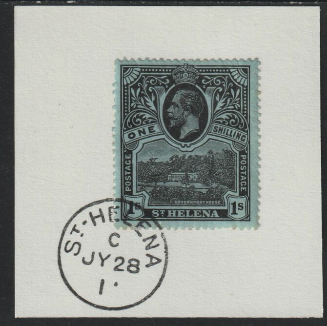 St Helena 1912 KG5 Pictorial 1s on piece with full strike of Madame Joseph forged postmark type 338, stamps on , stamps on  kg5 , stamps on  forgeries, stamps on 