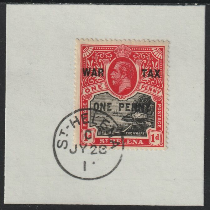 St Helena 1916 War Tax One Penny on piece with full strike of Madame Joseph forged postmark type 338, stamps on , stamps on  stamps on , stamps on  stamps on  kg5 , stamps on  stamps on  forgeries, stamps on  stamps on 