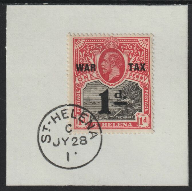 St Helena 1919 War Tax 1d on piece with full strike of Madame Joseph forged postmark type 338, stamps on , stamps on  stamps on , stamps on  stamps on  kg5 , stamps on  stamps on  forgeries, stamps on  stamps on 