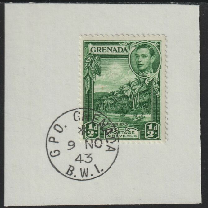 Grenada 1938 KG6 1/2d green on piece cancelled with full strike of Madame Joseph forged postmark type 209, stamps on , stamps on  kg6 , stamps on forgeries
