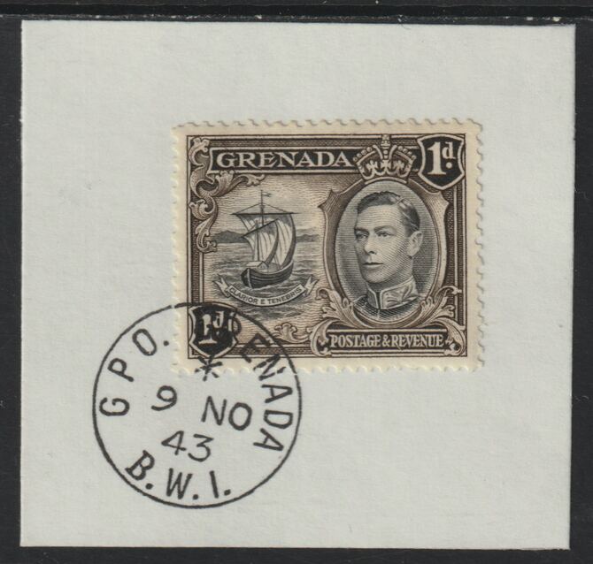 Grenada 1938 KG6 1d black & sepia on piece cancelled with full strike of Madame Joseph forged postmark type 209, stamps on , stamps on  stamps on , stamps on  stamps on  kg6 , stamps on  stamps on forgeries