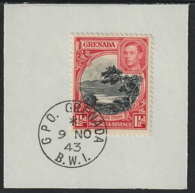 Grenada 1938 KG6 1.5d black & scarlet on piece cancelled with full strike of Madame Joseph forged postmark type 209, stamps on , stamps on  kg6 , stamps on forgeries