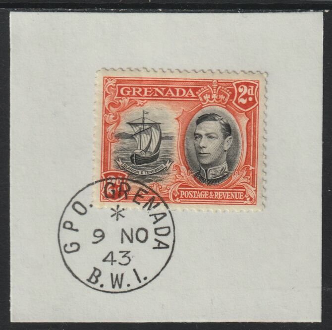 Grenada 1938 KG6 2d black & orange on piece cancelled with full strike of Madame Joseph forged postmark type 209, stamps on , stamps on  kg6 , stamps on forgeries