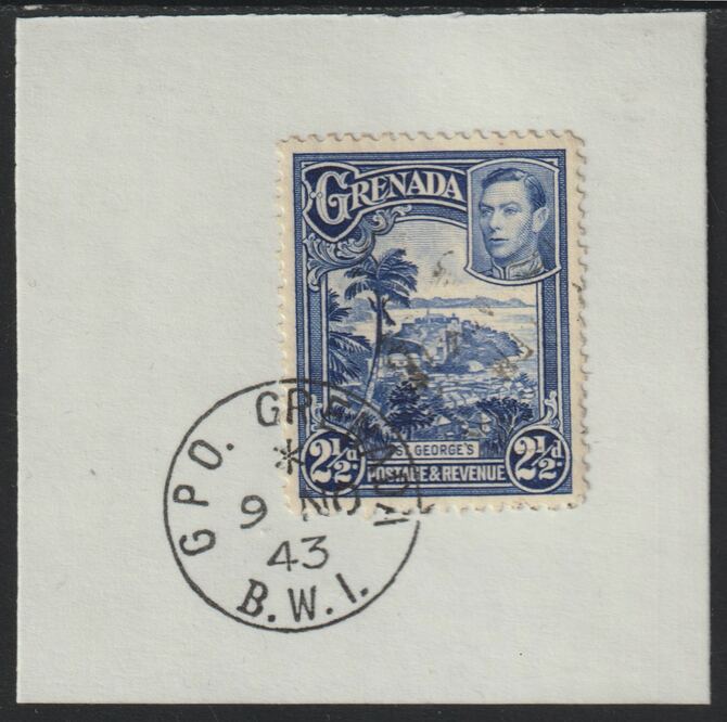Grenada 1938 KG6 2.5d bright blue on piece cancelled with full strike of Madame Joseph forged postmark type 209, stamps on , stamps on  kg6 , stamps on forgeries