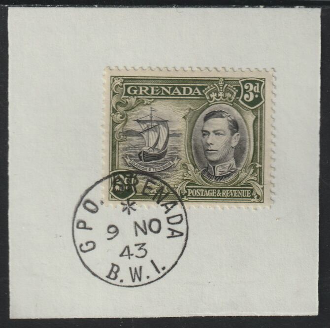 Grenada 1938 KG6 3d black & olive-green on piece cancelled with full strike of Madame Joseph forged postmark type 209, stamps on , stamps on  kg6 , stamps on forgeries