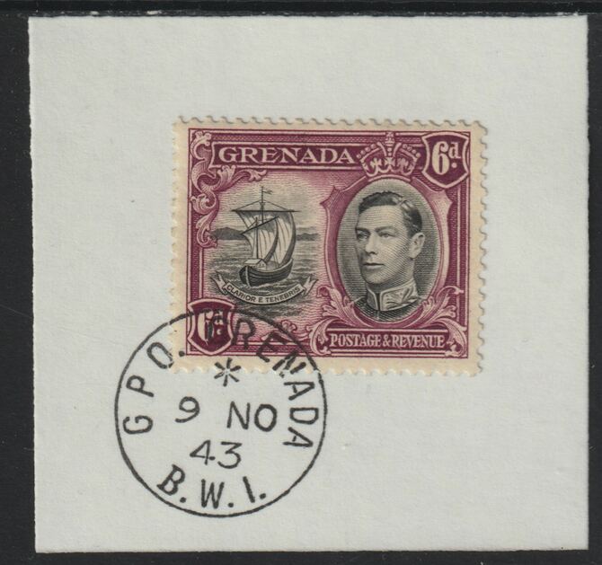 Grenada 1938 KG6 6d black & purple on piece cancelled with full strike of Madame Joseph forged postmark type 209, stamps on , stamps on  kg6 , stamps on forgeries