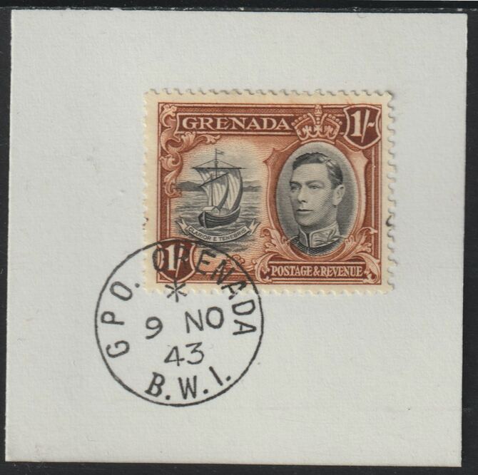 Grenada 1938 KG6 1s black & brown on piece cancelled with full strike of Madame Joseph forged postmark type 209, stamps on , stamps on  kg6 , stamps on forgeries